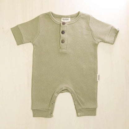 sage green organic cotton baby henley romper with short sleeves ideal for warm weather comfort
