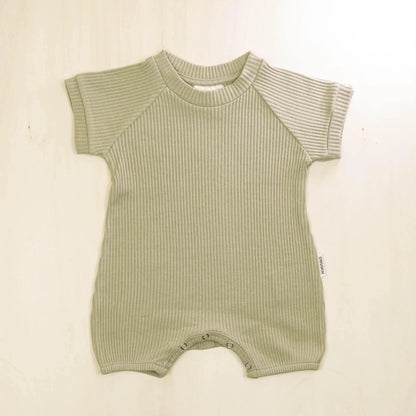 sage green organic cotton short sleeve baby romper made with 95% organic cotton for maximum comfort