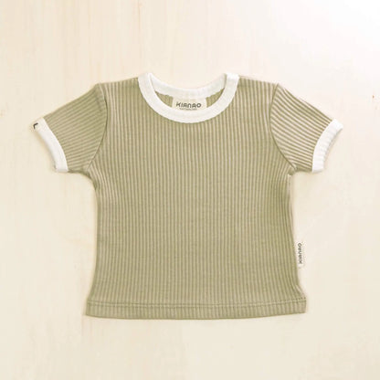 sage green organic cotton baby t-shirt featuring classic ringer design and stretchy ribbed fabric