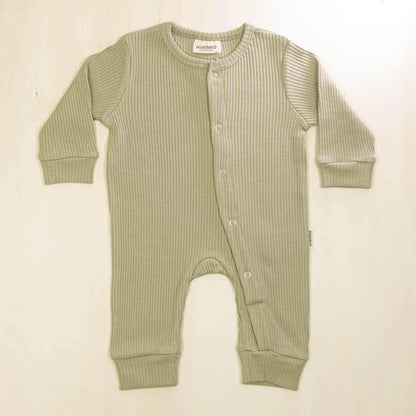 sage green organic cotton baby romper with front buttons and stretchy cuffs for all-day comfort