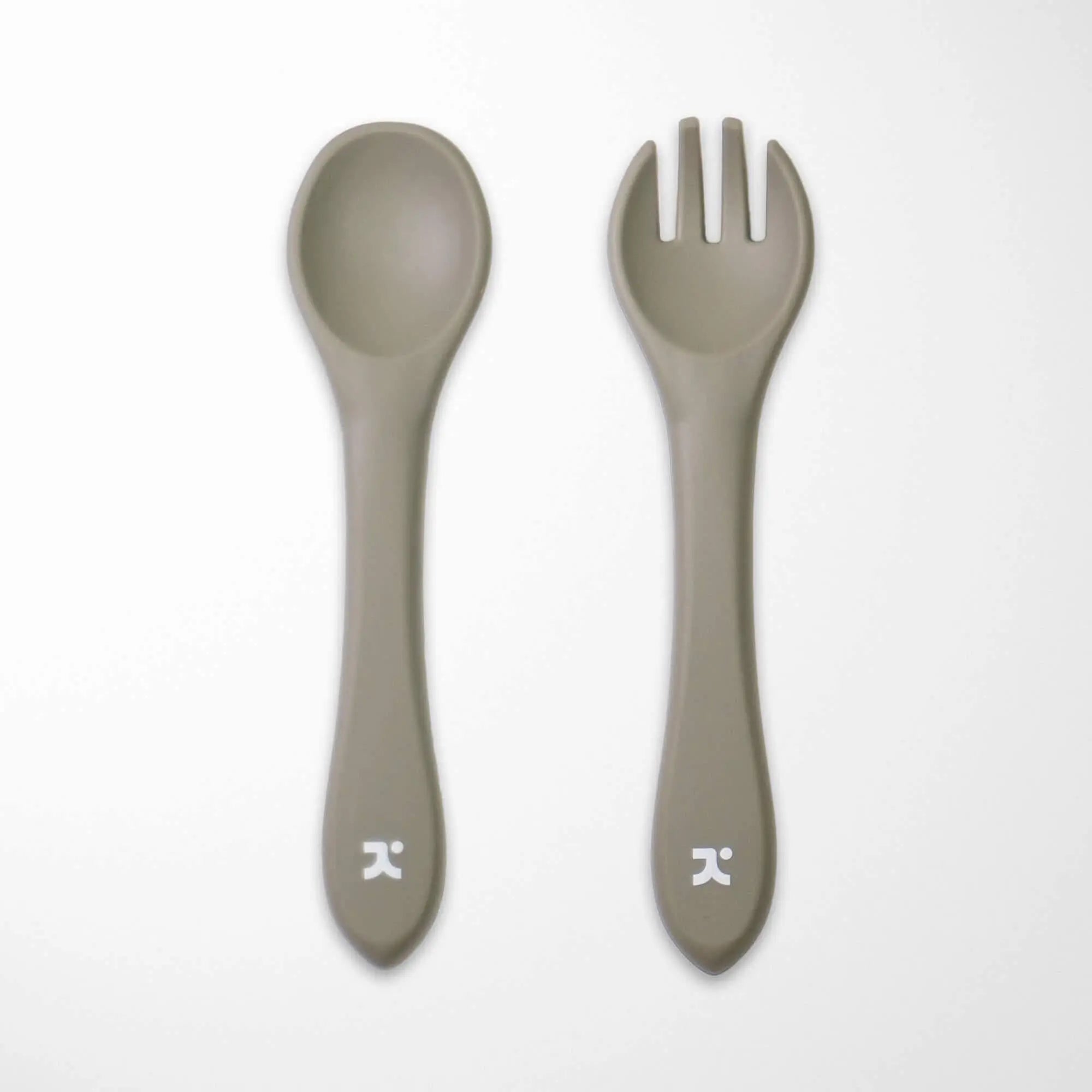 sage green silicone baby spoon and fork set with ergonomic handles for easy grip BPA-free self-feeding utensils