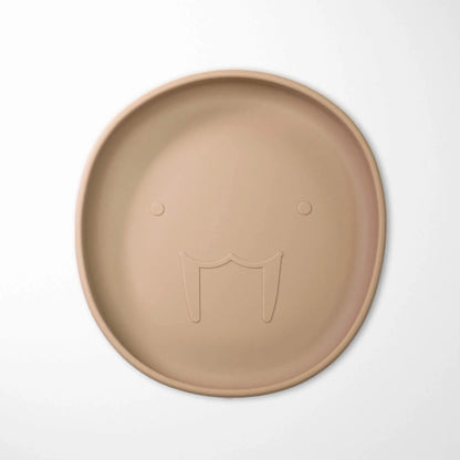 Sand Color baby silicone plate with walrus design, strong suction base and divided sections for different foods