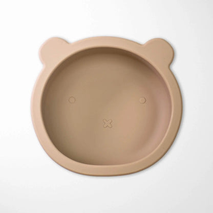 sand color silicone bear suction bowl featuring easy-release tab for parents and strong grip that resists baby's pulling