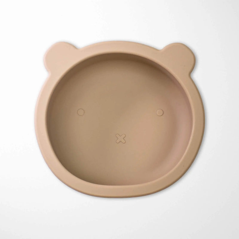 sand color silicone bear suction bowl featuring easy-release tab for parents and strong grip that resists baby&