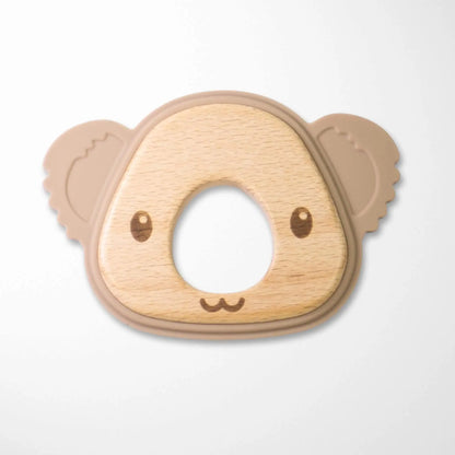 sand color koala silicone and wood teether with beechwood center and silicone koala face design