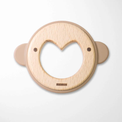 sand color silicone ear wooden monkey teether with heart-shaped opening and smooth beechwood center for natural teething comfort