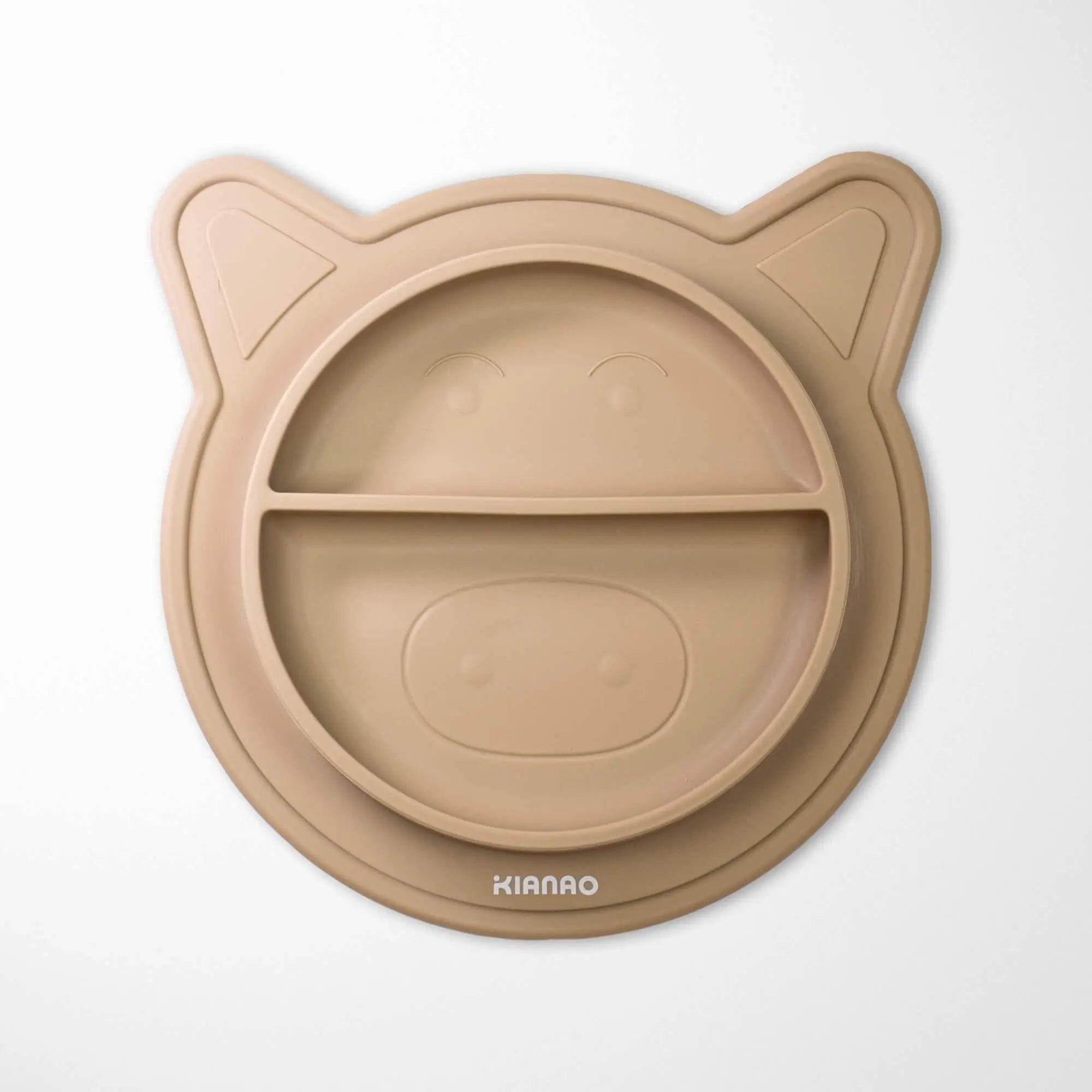 sand color silicone baby bowl with cute piglet face design and two convenient food compartments