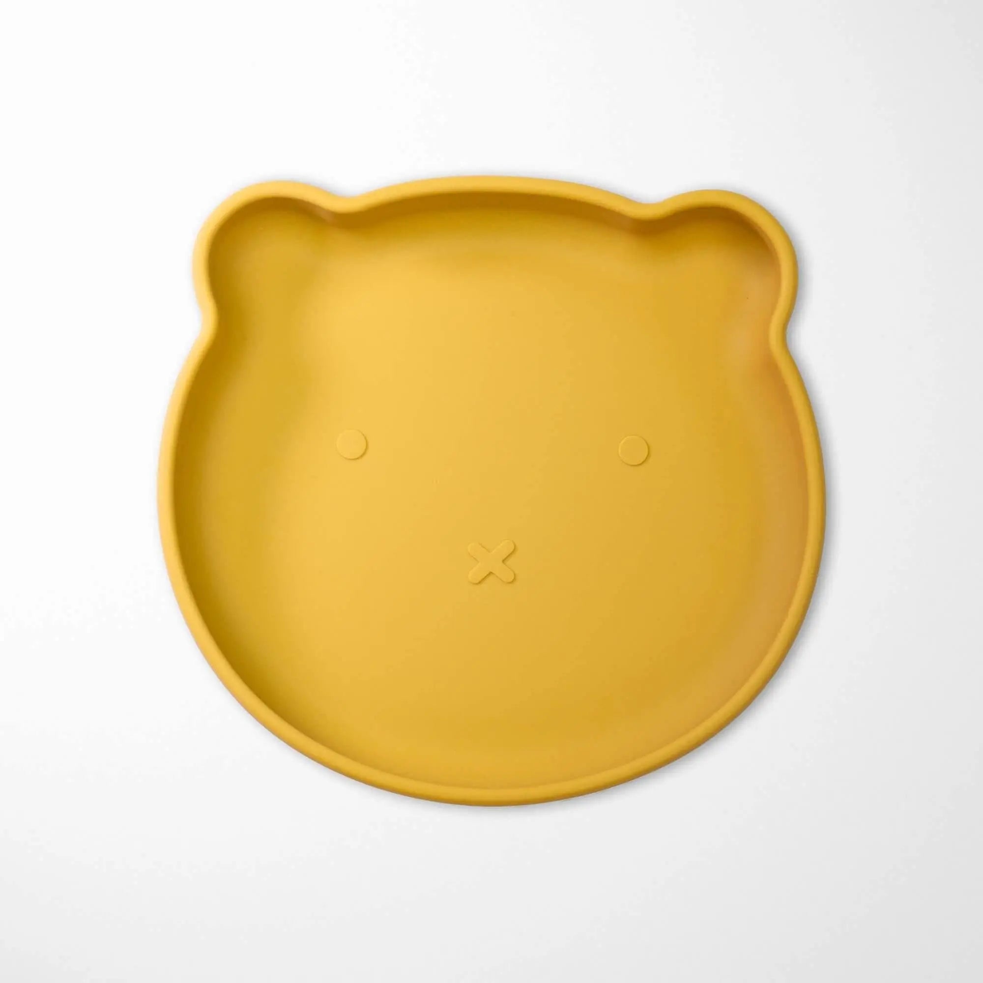 Sand Yellow baby silicone plate with cute bear face design and raised edges for easier scooping