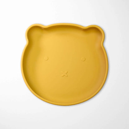 Sand Yellow baby silicone plate with cute bear face design and raised edges for easier scooping