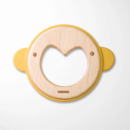sand yellow silicone ear wooden monkey teether with heart-shaped design and natural beechwood center for gentle gum relief