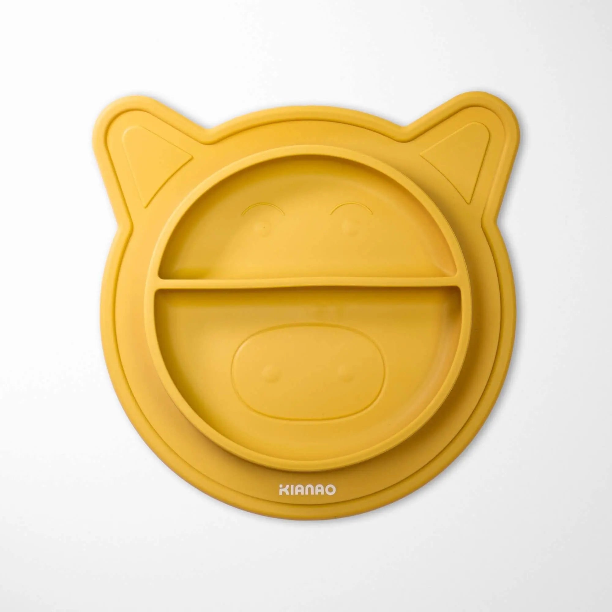 sand yellow silicone baby bowl with cute piglet shape, divided sections and strong suction base for secure feeding