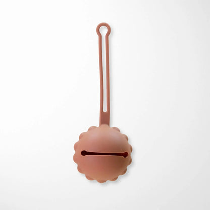 satin brown silicone baby pacifier holder with scalloped design and convenient carrying loop