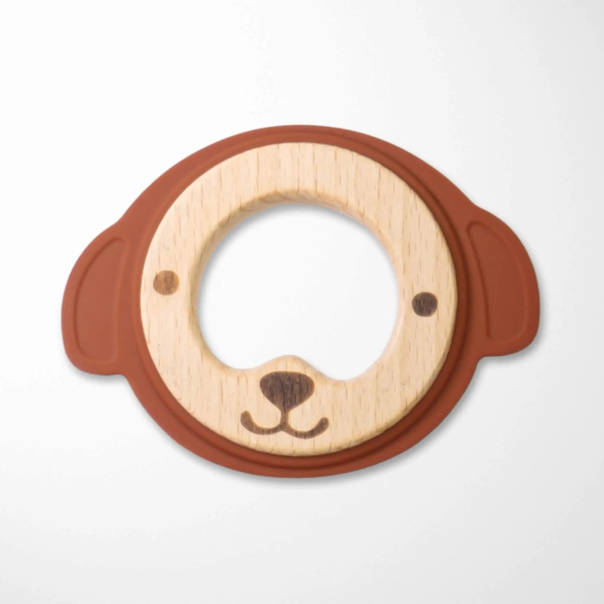 satin brown bear silicone and wood teether combining natural materials for multiple teething textures and easy handling