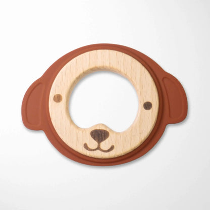 satin brown bear silicone and wood teether combining natural materials for multiple teething textures and easy handling