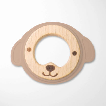 satin brown bear silicone and wood teether combining natural materials for multiple teething textures and easy handling