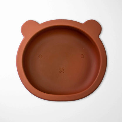 satin brown bear-shaped silicone bowl with suction base featuring adorable ears and deep food well for toddler meals