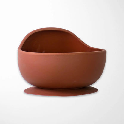 satin brown silicone baby bowl with ergonomic curved shape and strong suction base, designed for easy self-feeding and spill prevention