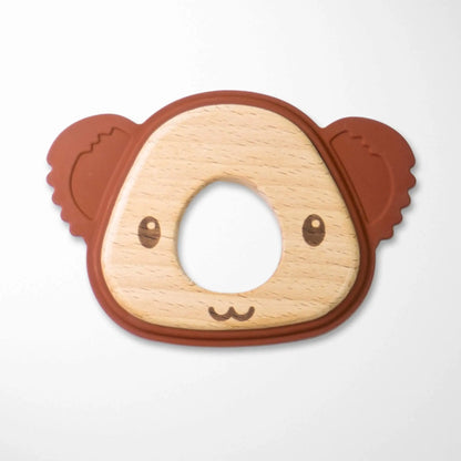 satin brown koala silicone and wood teether with natural beechwood center and soft silicone outer edge