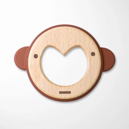 satin brown wooden monkey baby teether with silicone ears, heart-shaped center opening and smooth beechwood surface for natural teething relief