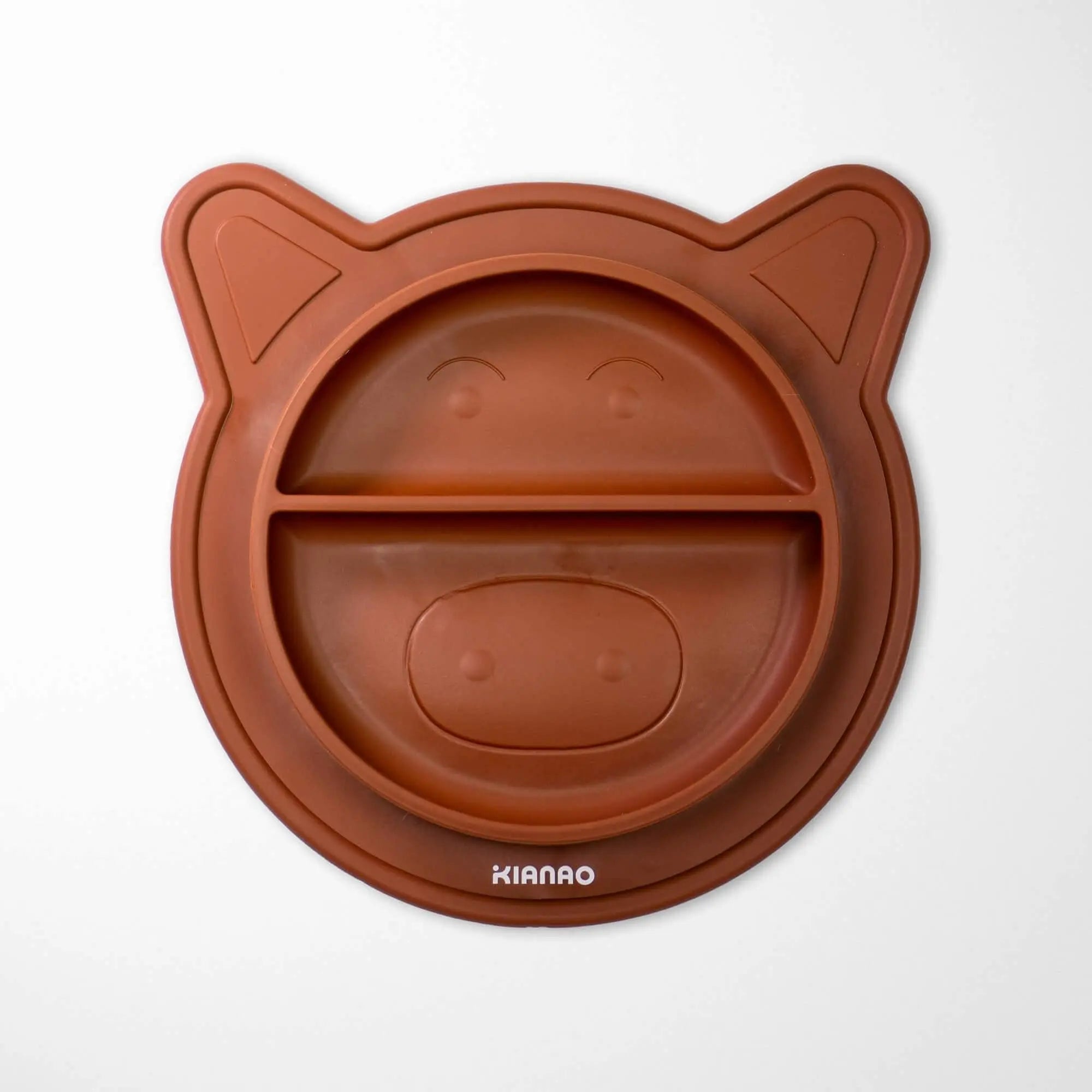 satin brown silicone baby bowl with piglet face design, showing dual compartments for organized baby meals