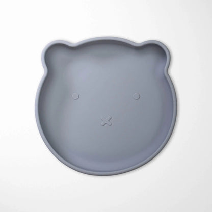Slate Gray baby silicone plate with adorable bear design, suction base and perfect depth for self-feeding