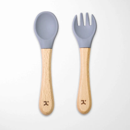 slate gray silicone-tipped bamboo baby spoon and fork set with natural wooden handles for environmentally conscious parents