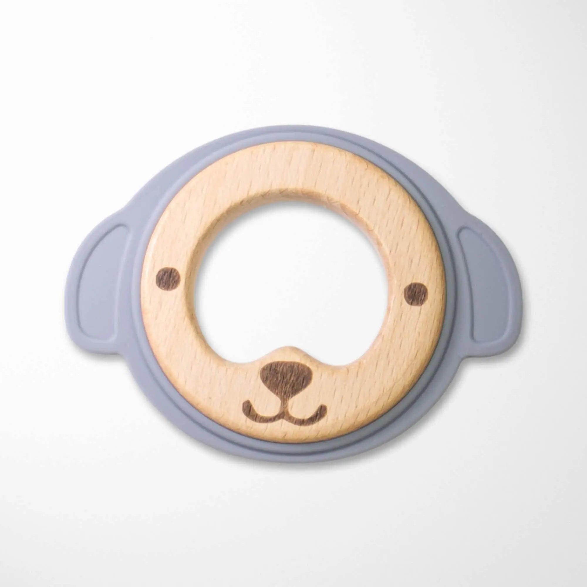 slate gray bear silicone and wood teether with smooth wooden center and soft silicone edges for safe teething relief