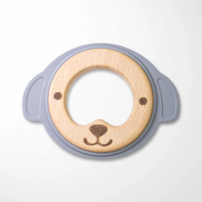 slate gray bear silicone and wood teether with smooth wooden center and soft silicone edges for safe teething relief