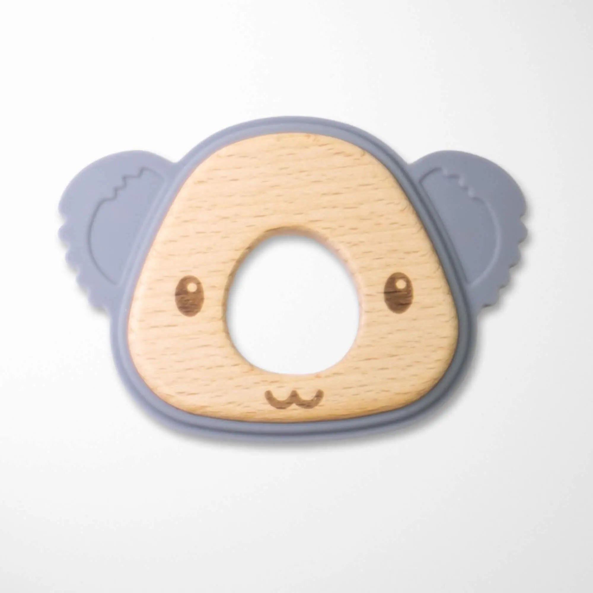 slate gray koala silicone and wood teether with natural wood inner circle and soft silicone outer edge
