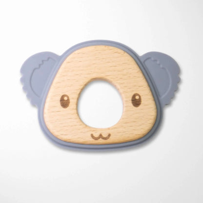 slate gray koala silicone and wood teether with natural wood inner circle and soft silicone outer edge