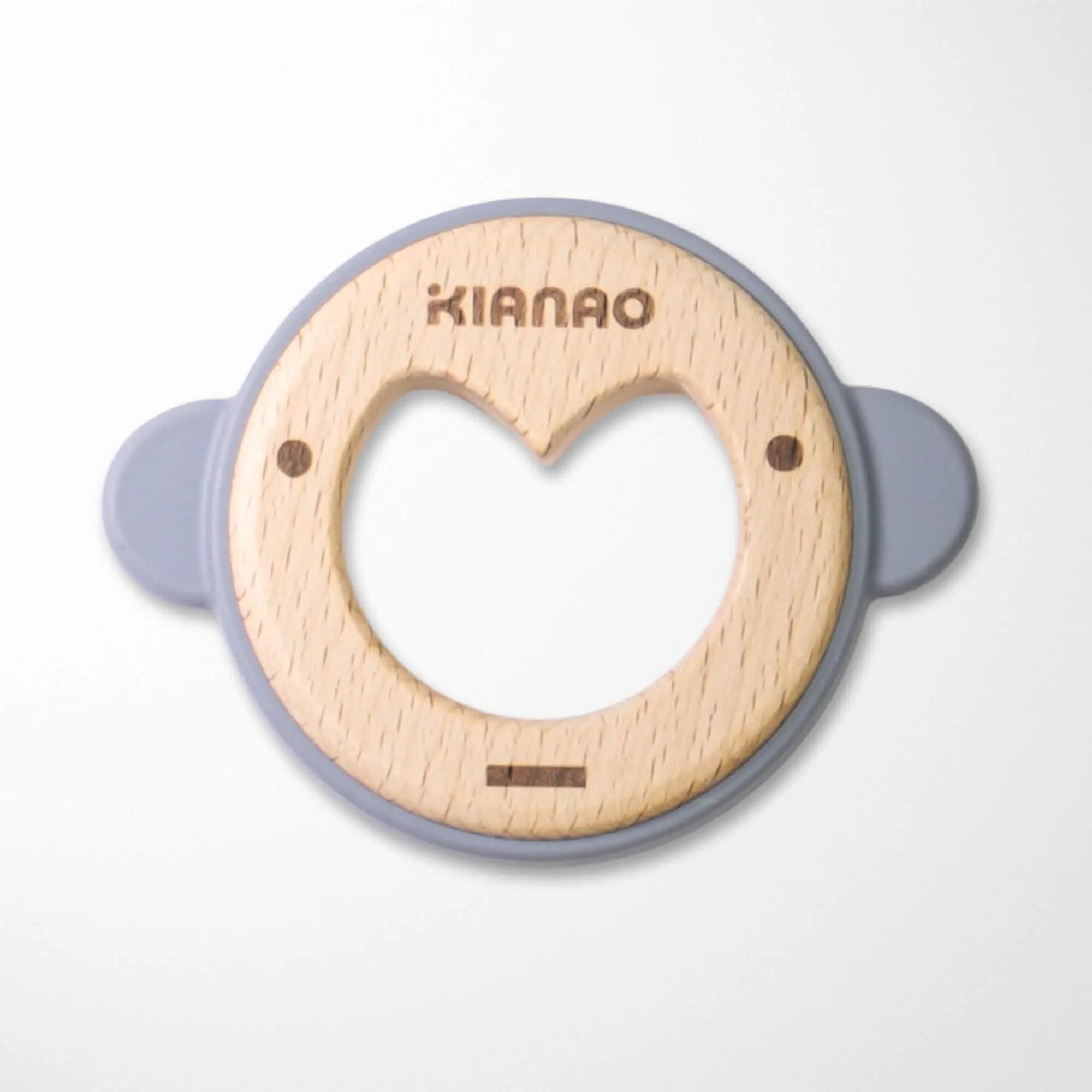 slate gray silicone ear monkey teether with smooth wooden center and heart-shaped opening for developing motor skills during teething