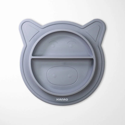 slate gray silicone baby bowl with piglet design and divider, perfect for separating different foods during mealtime