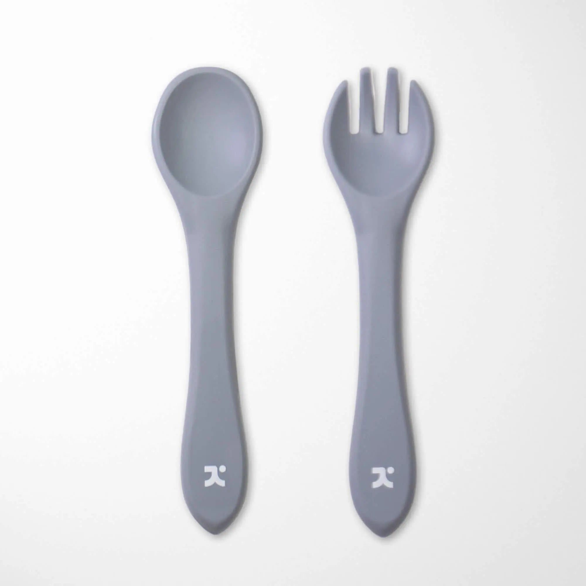 slate gray silicone baby spoon and fork set with heat-resistant properties safe for hot foods