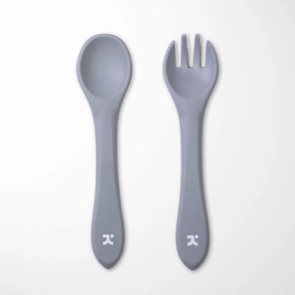 slate gray silicone baby spoon and fork set with heat-resistant properties safe for hot foods
