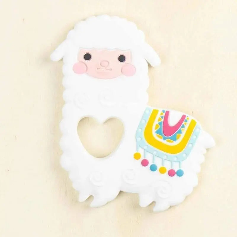 white llama silicone teether with heart-shaped cutout and colorful rainbow design for babies BPA-free teething toy