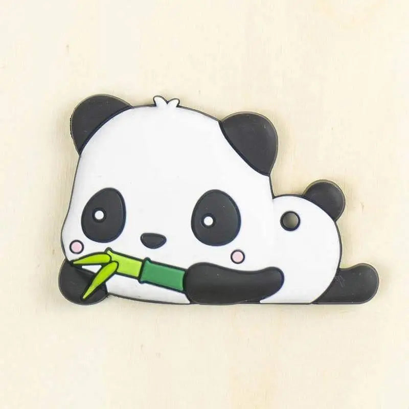 white and black panda silicone teether with green bamboo detail BPA-free baby teething toy flat design easy for small hands