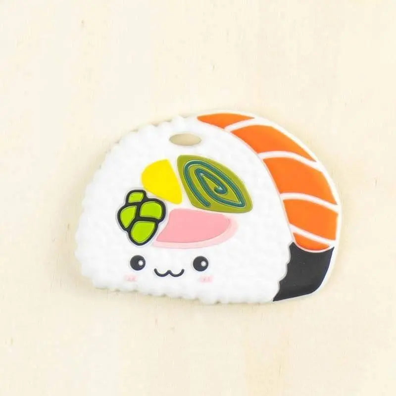hite silicone sushi roll baby teether with cute face design featuring orange salmon and green accents for infant gum relief