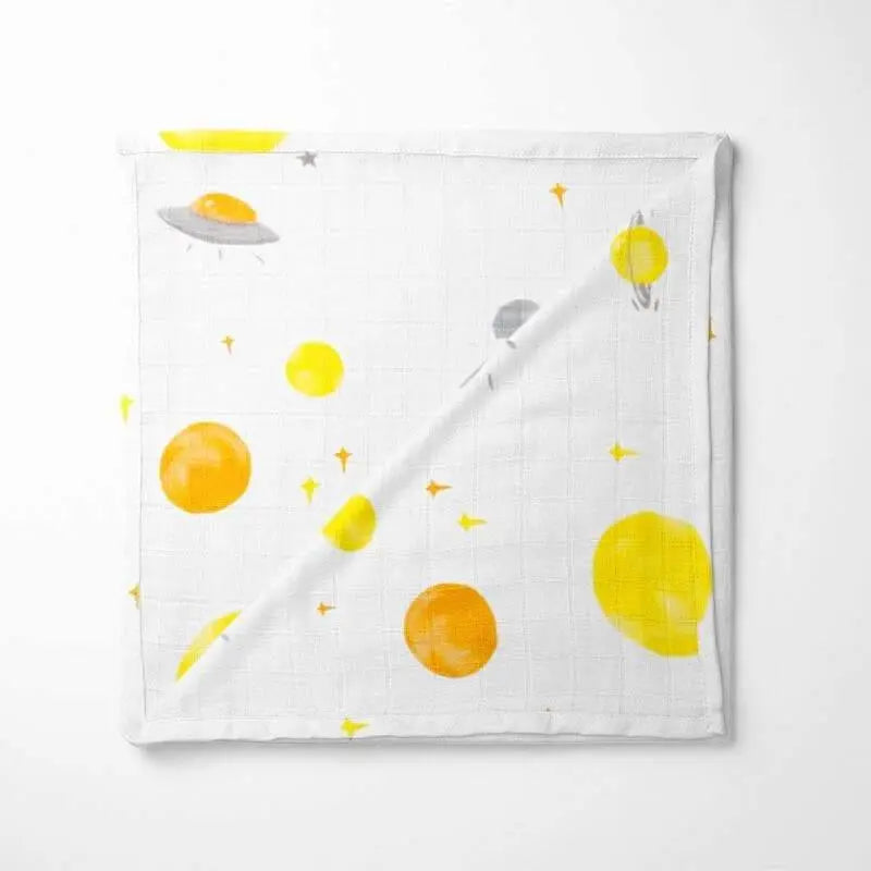 white bamboo baby blanket with yellow and orange planet pattern, organic and temperature-regulating