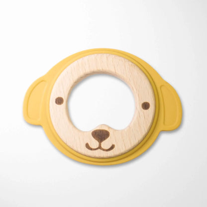 bright yellow bear silicone and wood teether toy with natural beechwood center and silicone grip handles shaped like bear ears