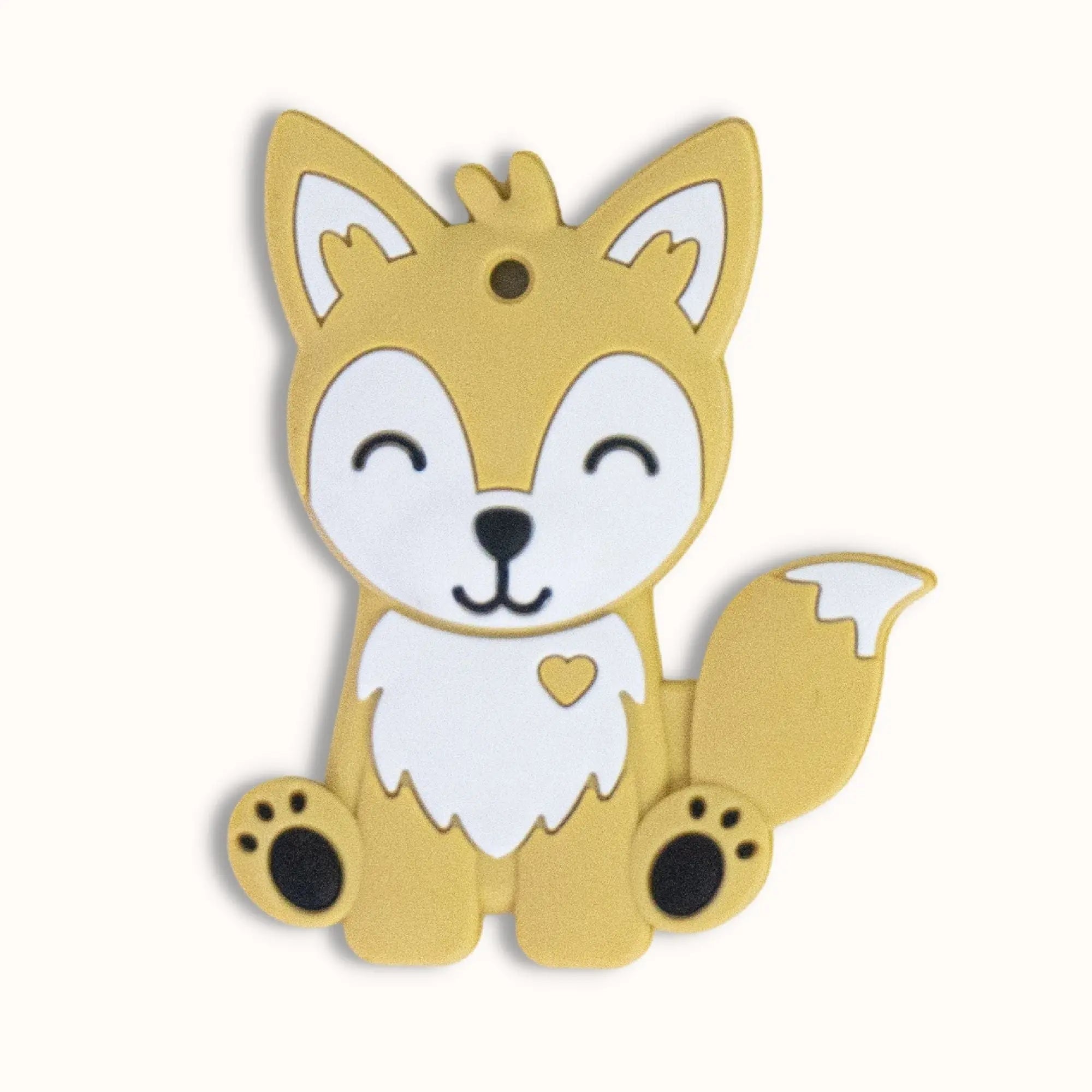 yellow silicone fox baby teether with white facial details, textured ears and paws for multiple teething surfaces and easy grip design