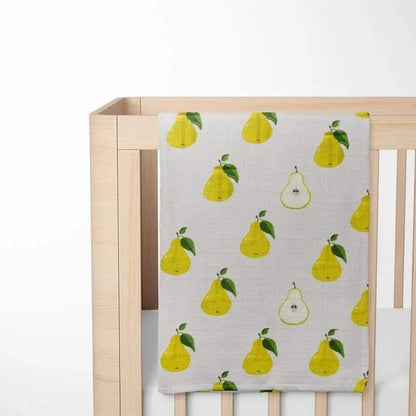 folded yellow pear print baby blanket showing edge stitching and double-layer organic cotton construction