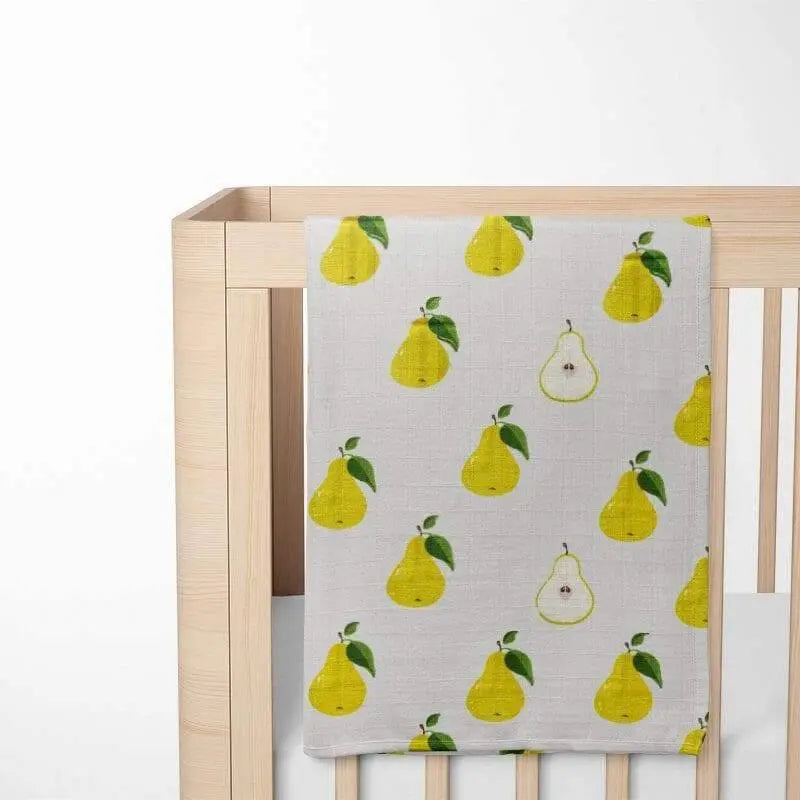 folded yellow pear print baby blanket showing edge stitching and double-layer organic cotton construction