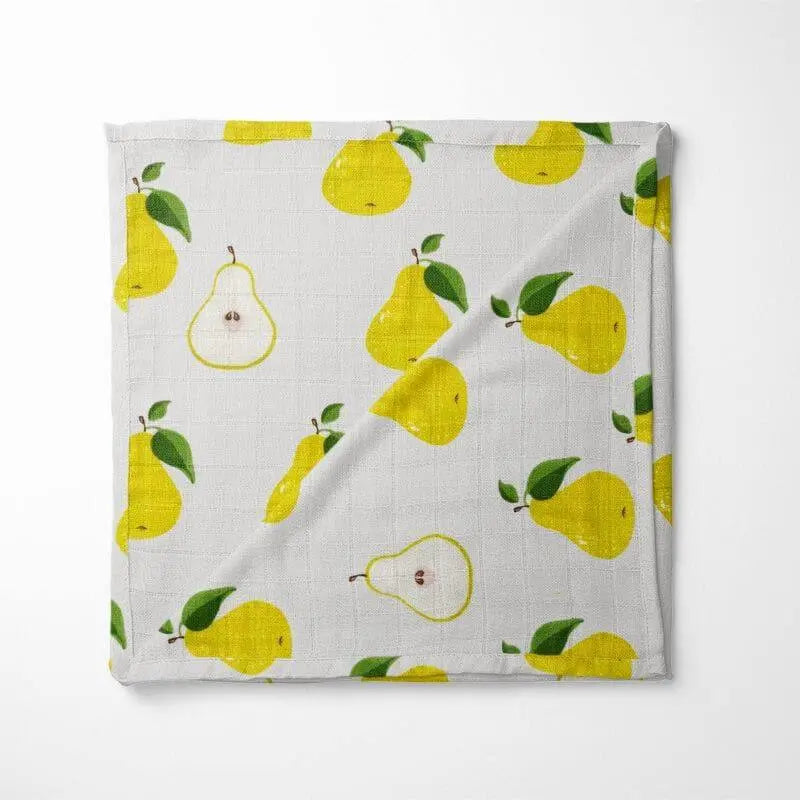 yellow pear print organic cotton baby blanket with double-layer construction on white background GOTS-certified