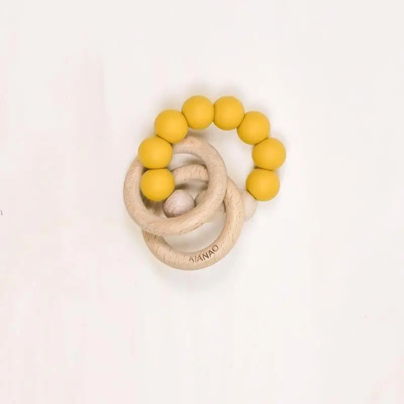 yellow dusk silicone beads on natural wooden teething ring handmade baby teether